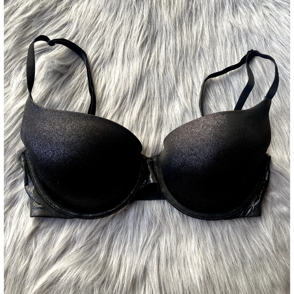 Victoria's Secret Bra Lined Demi 32DD Black Metallic Adjustable Straps Smooth